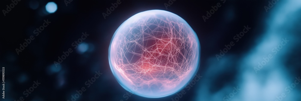 A glowing red and blue sphere in the sky. The sphere is surrounded by a network of lines A glowing red and blue sphere in the sky. The sphere is surrounded by a network of lines