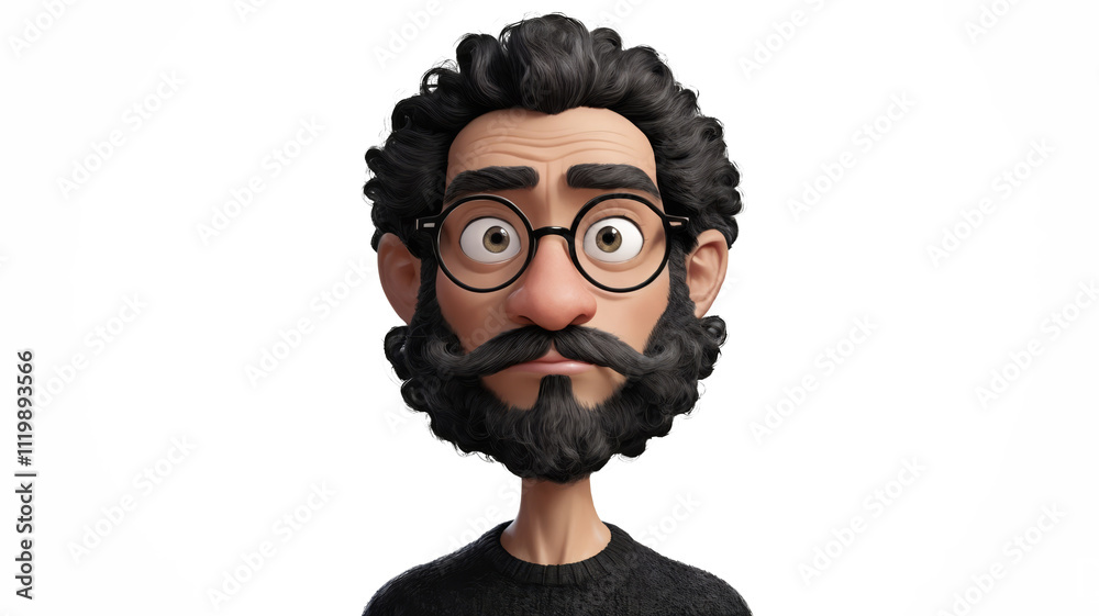 Exaggerated Cartoonish Figure with Prominent Beard, Glasses, and Concerned Expression, Centered in a Digital Illustration cutout Exaggerated Cartoonish Figure with Prominent Beard, Glasses, and Concerned Expression, Centered in a Digital Illustration cutout