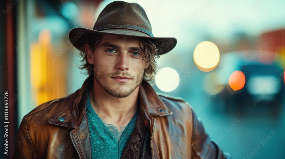 A charming man, wearing a brown hat and jacket, stands confidently in an urban area. The blurred cityscape and lights create a warm yet modern atmosphere. A charming man, wearing a brown hat and jacket, stands confidently in an urban area. The blurred cityscape and lights create a warm yet modern atmosphere.