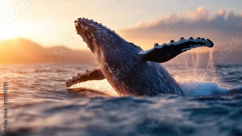 A solitary humpback whale breaches dramatically during the golden hour, with the warm hues of sunset illuminating the ocean surface as the creature soars upward. photo