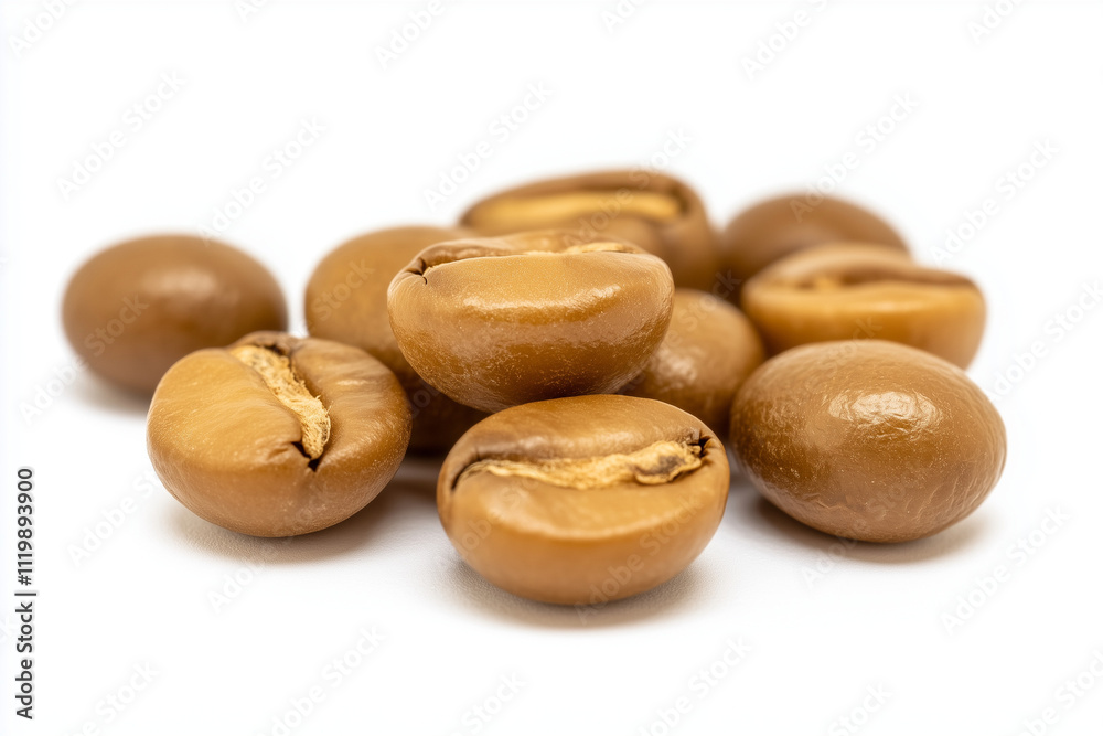 Close-up of shiny coffee beans arranged neatly, with copy space. Bright light. Minimal white background. Close-up of shiny coffee beans arranged neatly, with copy space. Bright light. Minimal white background.