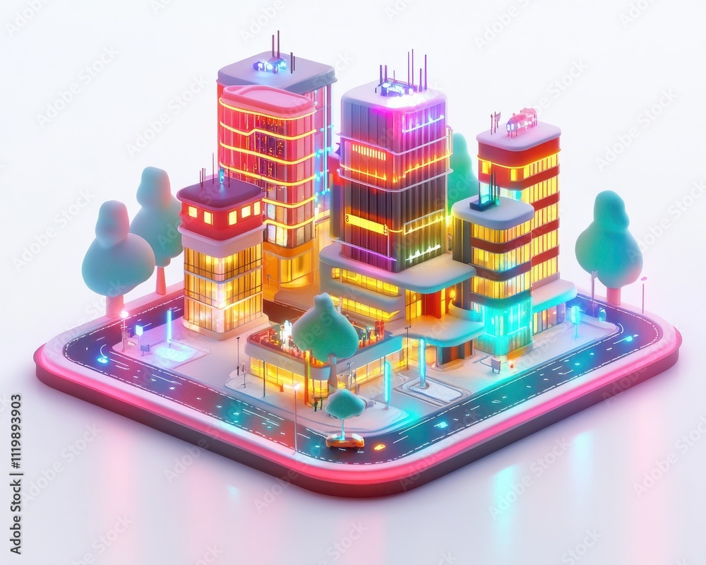 Obraz premium Colorful miniature cityscape with glowing buildings and trees, white isolate background