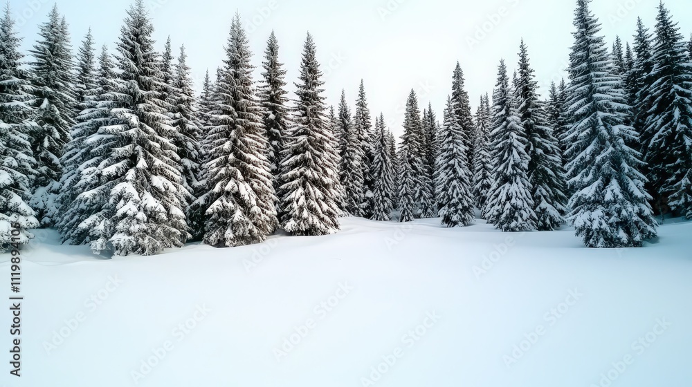 Fototapeta premium A serene winter landscape filled with snow-covered evergreen trees under a pale sky, creating a peaceful and picturesque scene.
