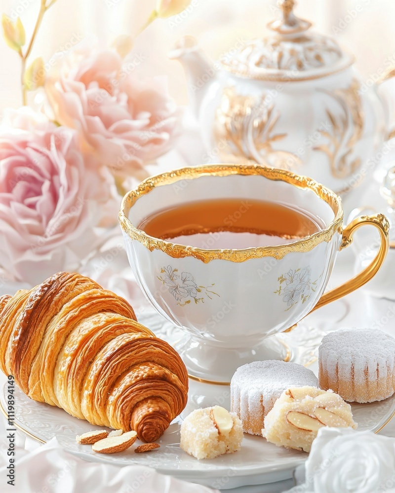 Tea and desserts in Victorian style concept. Delicate tea set with croissant and pastries on a floral table setting Tea and desserts in Victorian style concept. Delicate tea set with croissant and pastries on a floral table setting