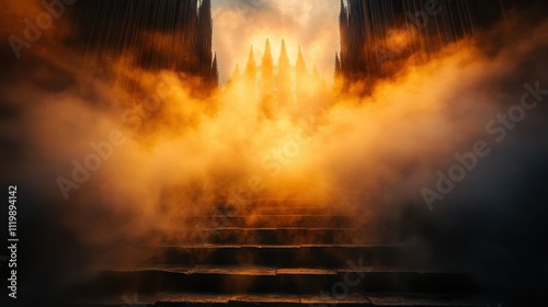 A mysterious scene featuring a stairway disappearing into glowing light, flanked by gothic spires, enveloped in an enigmatic and warm misty ambiance. photo