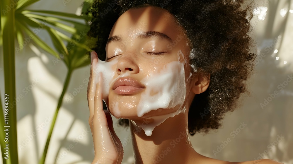 Black Woman Washing Face with Foam Cleanser Black Woman Washing Face with Foam Cleanser