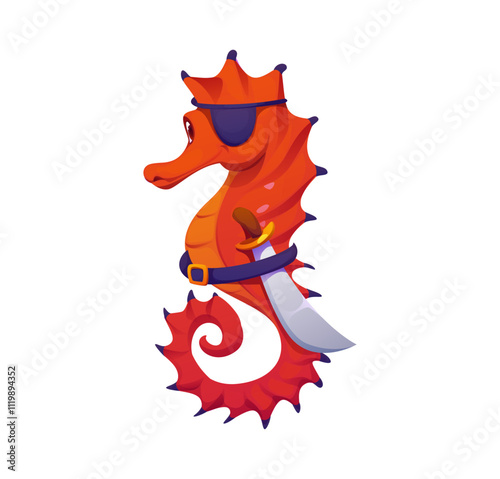 Cartoon funny seahorse animal pirate character with an eye patch and cutlass, seeking treasures and adventure on sea bottom. Isolated vector plucky hippocampus corsair underwater captain personage