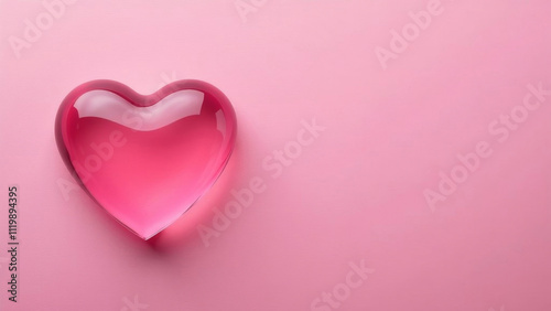 Transparent pink heart on a matte pink background, on the right there is an empty space for text. Greeting card, banner, Valentine's Day.