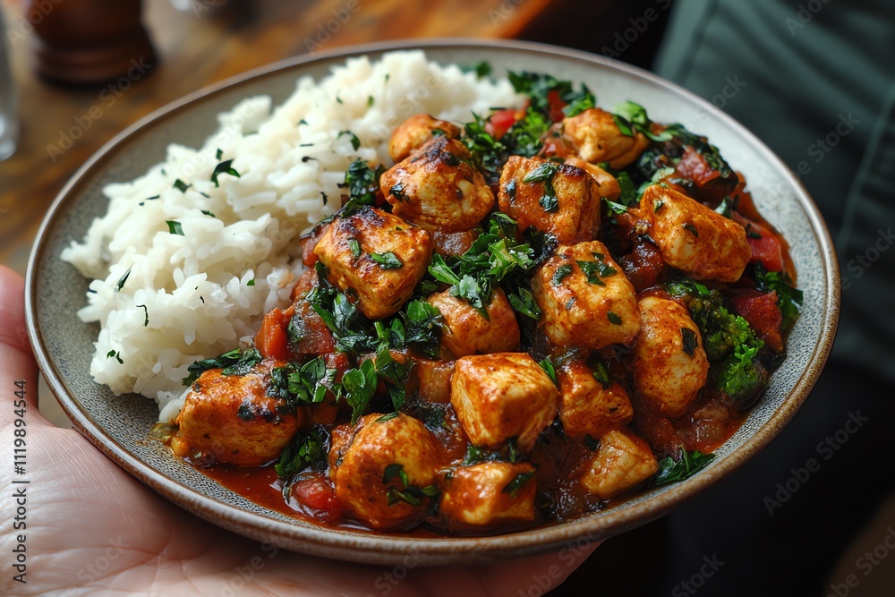 A Plate of Chicken Tikka Masala Held in a Hand