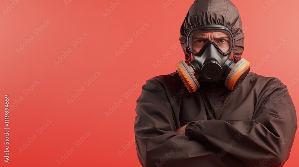 A mysterious figure, donning a dark suit and gas mask, stands against an orange background, evoking themes of survival, anonymity, and a dystopian future outlook. A mysterious figure, donning a dark suit and gas mask, stands against an orange background, evoking themes of survival, anonymity, and a dystopian future outlook.
