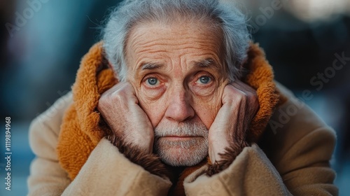 A close-up of an elderly man with striking blue eyes, captured in a thoughtful, melancholic pose while wearing a warm coat, evokes deep emotion and reflection.