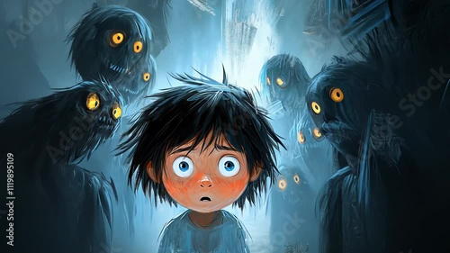 A young boy stands in fear as shadowy, glowing-eyed creatures loom around him in an eerie setting, mysterious atmosphere
