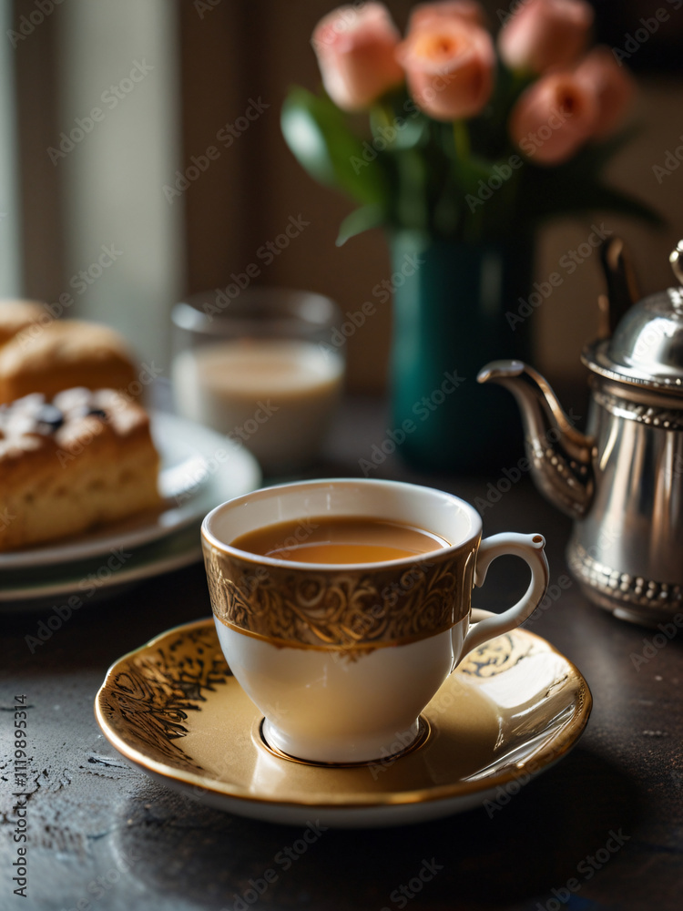 Afternoon tea served with red tea and delightful pastries. Afternoon tea served with red tea and delightful pastries.