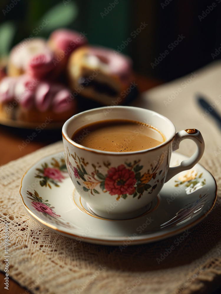 Fototapeta premium Enjoying afternoon tea with delicate teacups and treats.