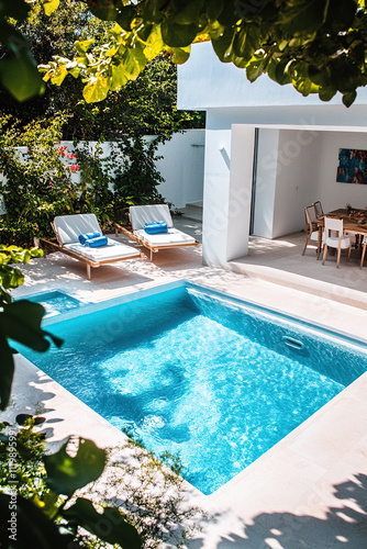 Small square pool in the garden of a Greek villa, surrounded by lush greenery and sun loungers. A dining table is placed on one side with blue pillows. The photo was taken from above.