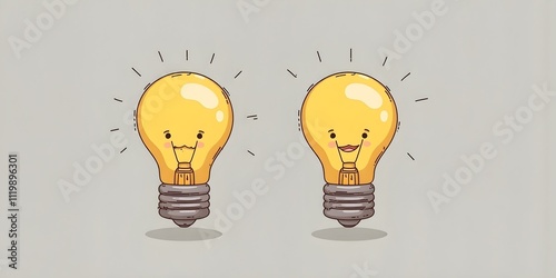 Two cute cartoon light bulbs with smiling faces against a plain background