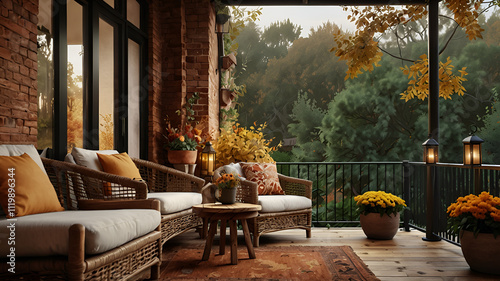 The image depicts a digital illustration of a cozy, rustic balcony setting in autumn at dawn. The layout features a small round wicker table with two white ceramic cups