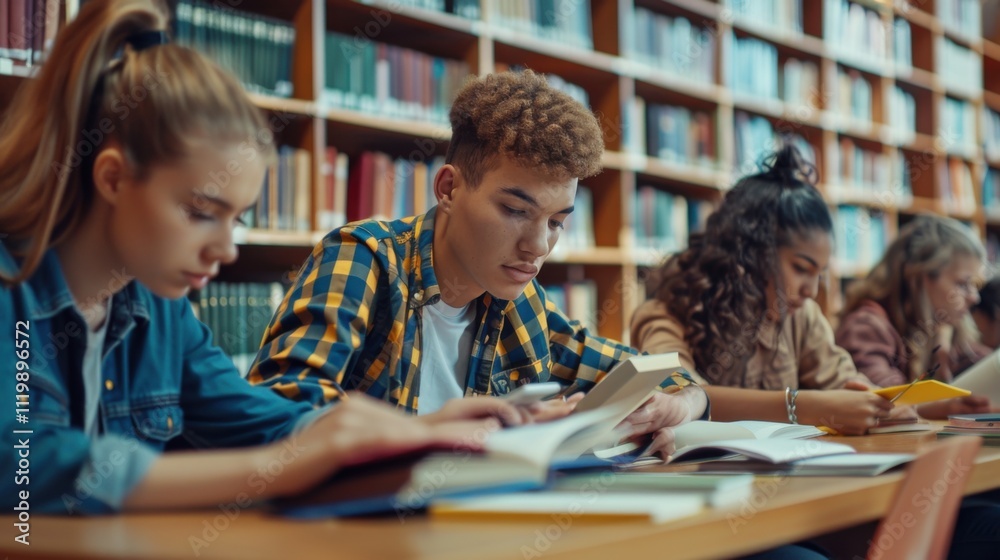 Young students researching inventions with modern technology in university libraries Young students researching inventions with modern technology in university libraries