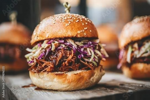 Close-up of a pulled pork slider with coleslaw on a brioche bun.