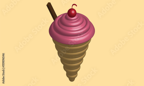 3d ice cream with red cherry and chocolate bar