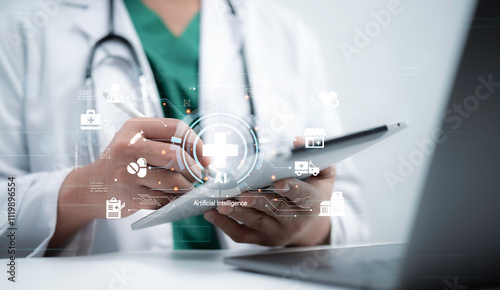 Doctor using advanced digital healthcare technology with a futuristic interface. Concept of medical innovation, AI integration, and modern healthcare