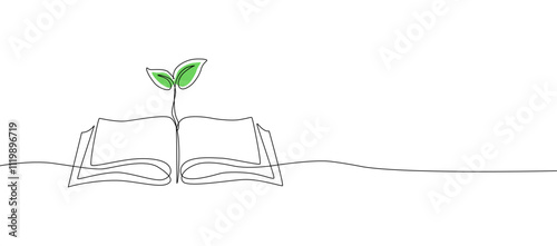 Opened book with sprout plant in one continuous line drawing . Education study and knowledge library concept in simple linear style. Growing wisdom in editable stroke. Vector illustration eps 10