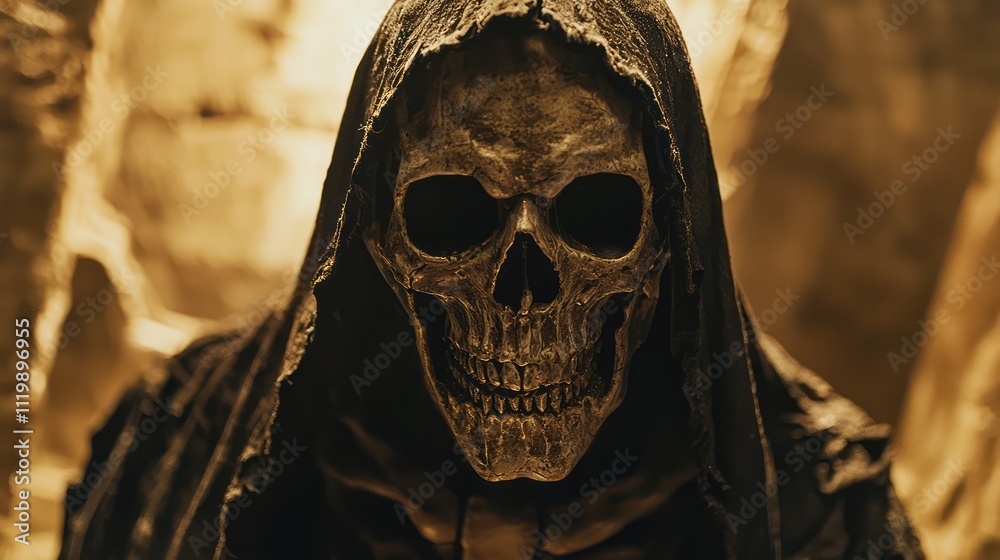 Close-up of a skeletal figure in a hooded robe, creating an eerie atmosphere. Close-up of a skeletal figure in a hooded robe, creating an eerie atmosphere.