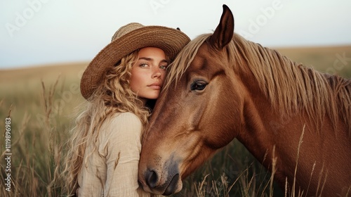 An intimate countryside setting where a woman with curly hair and a straw hat leans affectionately against a horse, evoking themes of nature and companionship. photo