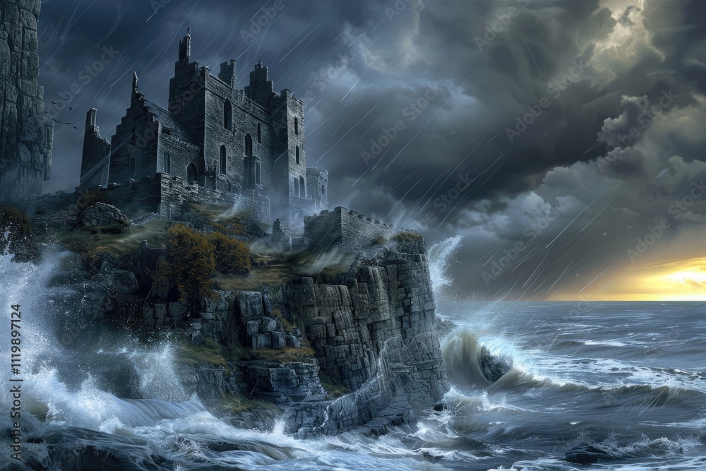 Stormy Seas Batter Ancient Castle Cliffside Stormy Seas Batter Ancient Castle Cliffside