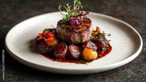 A perfectly grilled steak sits atop a bed of roasted vegetables, artfully garnished with vibrant edible flowers, creating a tantalizing gourmet presentation. photo