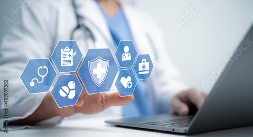 A doctor interacting with a hexagonal interface displaying medical and healthcare-related icons. Represents innovative healthcare, technology integration, and advanced health solutions