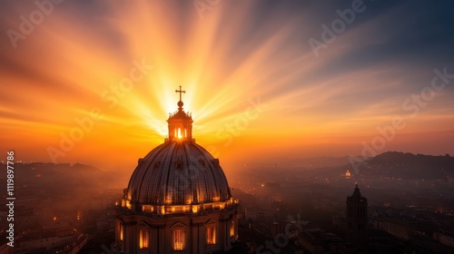 A majestic dome glows with a radiant sunburst over a city skyline, capturing a breathtaking blend of architecture and natural beauty at the break of dawn. photo