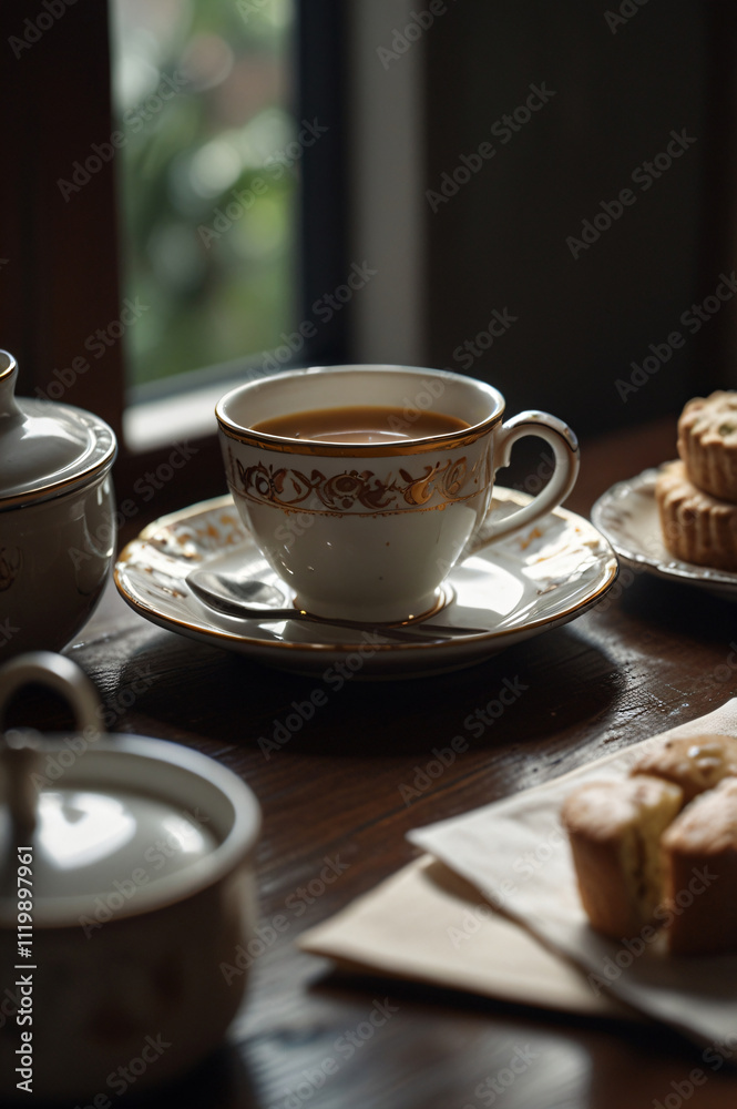 Indulging in afternoon tea with red tea and desserts. 