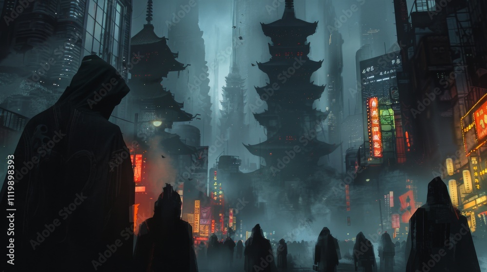 Fototapeta premium Silhouetted People in Wizard or Thief Type Cloaks in a Dark Nighttime Fantasy City Approaching a Towering Black Castle in the Distance. Thieves / Wizards Cityscape. 