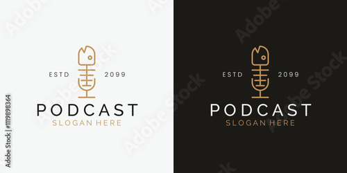 Podcast logo design template. With microphone and fishbone concept.