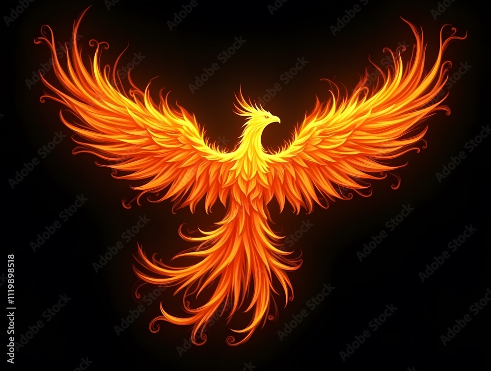 Majestic Phoenix: A fiery bird of myth and legend, its wings ablaze with incandescent plumage against a dark backdrop. Majestic Phoenix: A fiery bird of myth and legend, its wings ablaze with incandescent plumage against a dark backdrop.