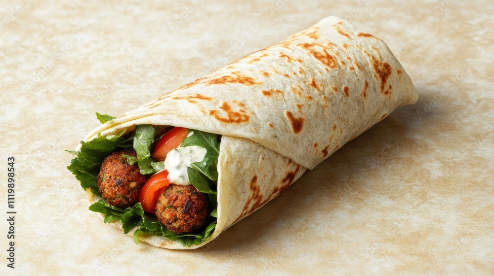 Delicious and Fresh Falafel Wrap with Vegetables Served in Soft Tortilla on Light Background Perfect for Healthy Meal Options Delicious and Fresh Falafel Wrap with Vegetables Served in Soft Tortilla on Light Background Perfect for Healthy Meal Options