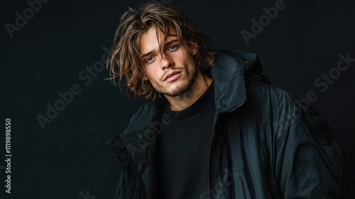 A ruggedly handsome man with tousled hair and an intense gaze poses in a stylish black jacket, embodying confidence and an edgy contemporary urban style. photo