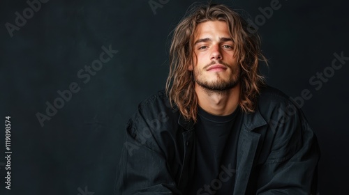 A man with a strong and confident look poses in a black outfit, showcasing a mix of ruggedness and style, perfectly encapsulated against a simple dark background. photo