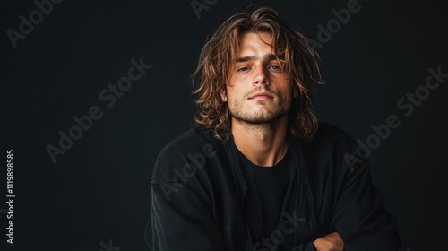 A composed man embodies relaxed strength and poise in a black ensemble against a dark background, perfectly capturing the essence of urban sophistication and style. photo