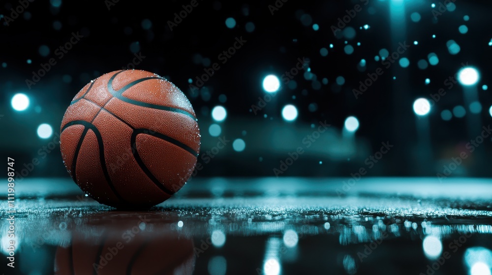 A basketball rests on a rain-soaked court encompassed by dramatic bokeh lighting, evoking feelings of endurance and focus in an intense sports environment. A basketball rests on a rain-soaked court encompassed by dramatic bokeh lighting, evoking feelings of endurance and focus in an intense sports environment.