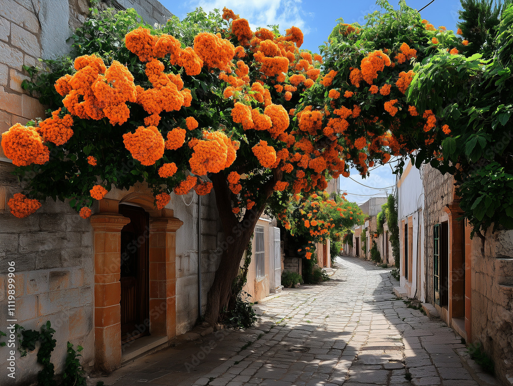 Fototapeta premium An old village street lined with charming, rustic buildings, where vibrant flowers bloom in window boxes and along the path, creating a peaceful, colorful atmosphere.
