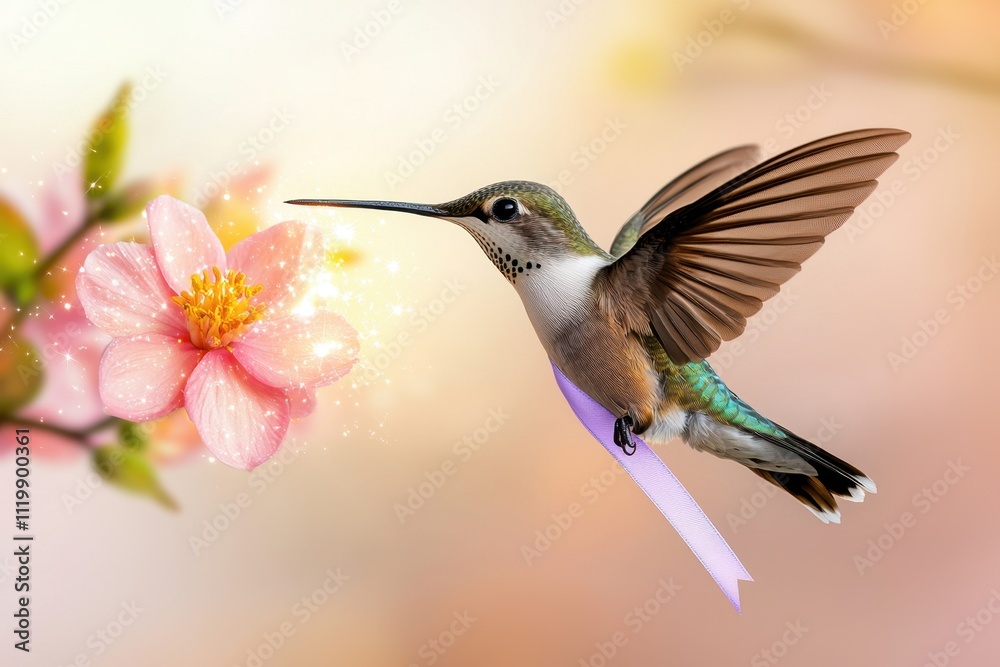 Fototapeta premium Exotic animal influencer concept. A hummingbird hovering near a delicate pink flower in soft sunlight