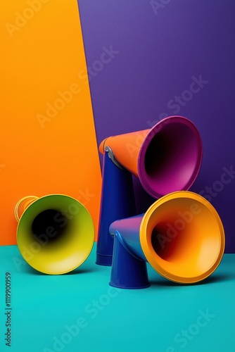 Colorful megaphones set against a vibrant background, symbolizing communication and public speaking. photo