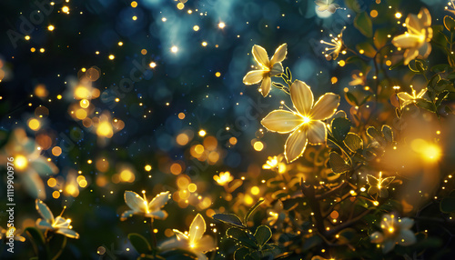 In the Enchanted Garden of Dreams: Blossoms of Stardust and Wishes Illuminate the Night Sky