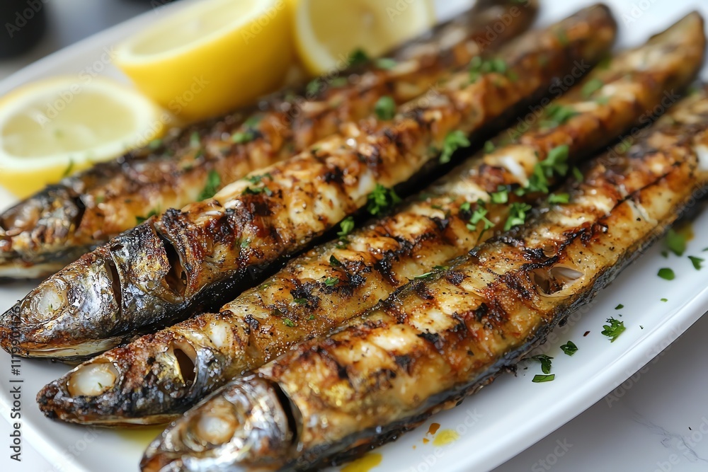 A Plate of Grilled Fish with Lemon on a White Table A Plate of Grilled Fish with Lemon on a White Table