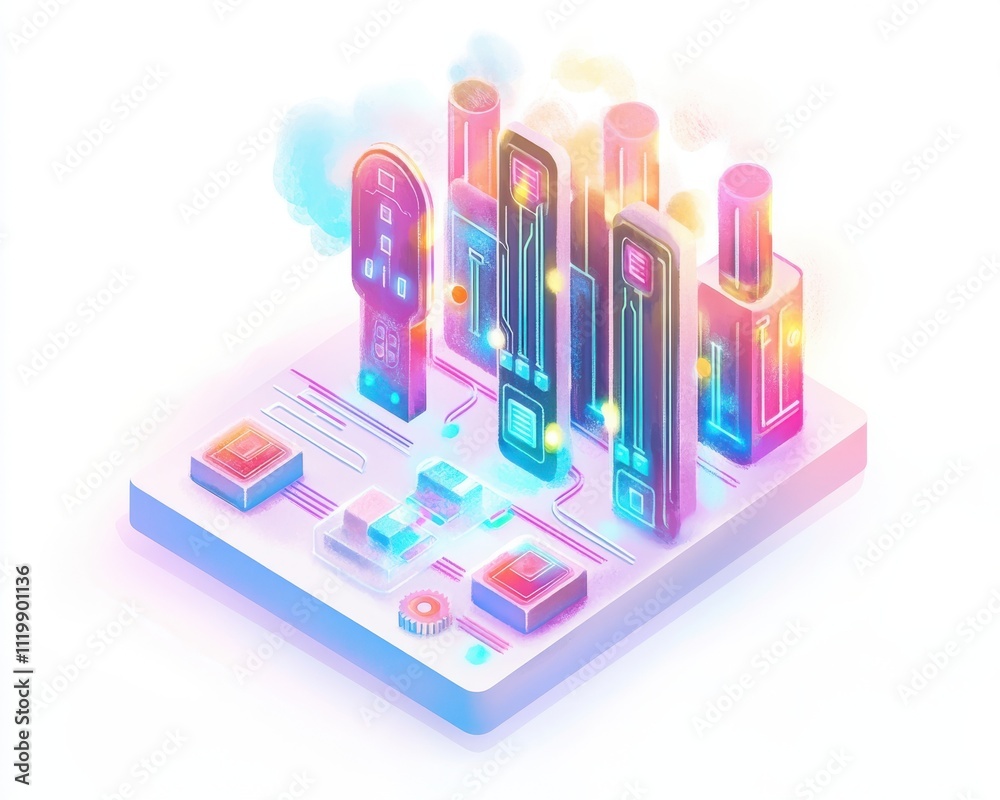 Futuristic cityscape with glowing buildings on a tech-themed platform.