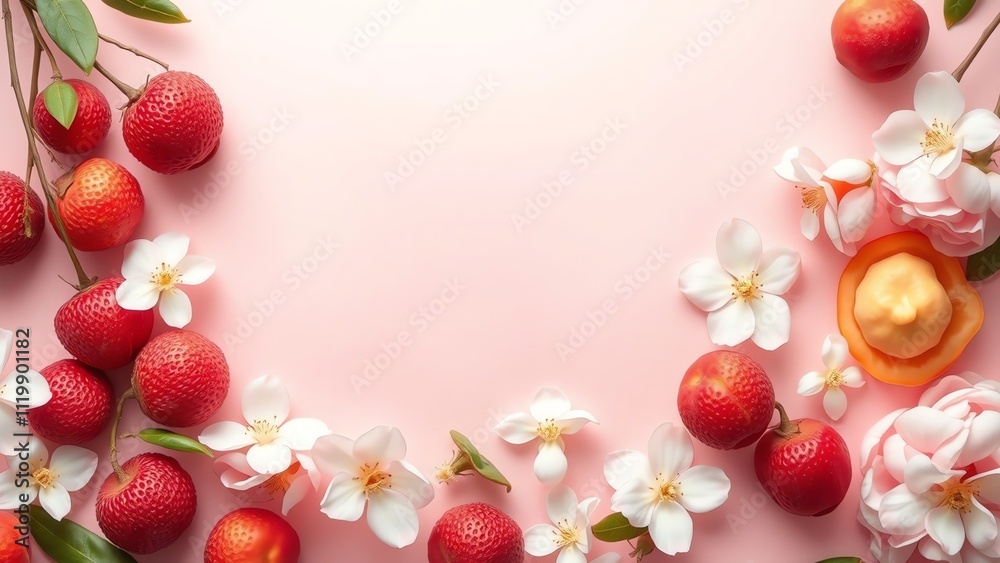 Obraz premium A beautifully arranged composition of fresh strawberries and delicate white flowers on a soft pink background, ideal for spring promotions and social media graphics.
