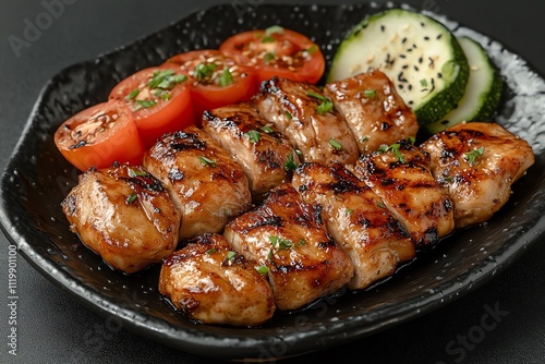 A Plate of Grilled Chicken with Vegetables on a Black Table Top