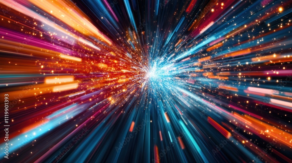 Fototapeta premium Hyperspace Tunnel: A Journey Through Vivid Light Trails and Cosmic Dust